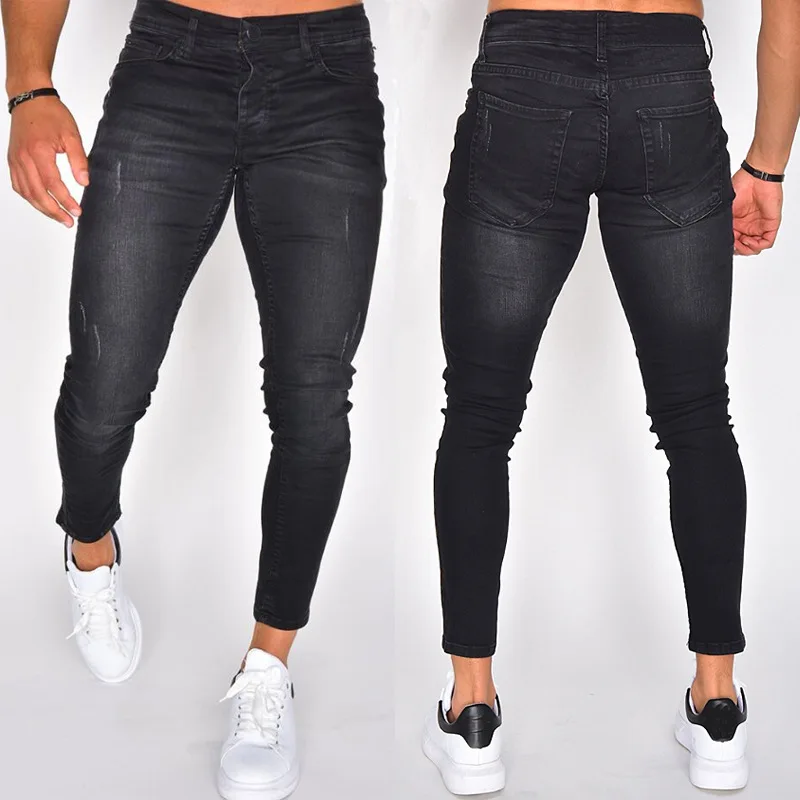 

Fashion Men Full Length Slim Jeans Streetwear Stretch Jeans Mens Pure Color Scratched Design Black Denim Pants Pour Hommes