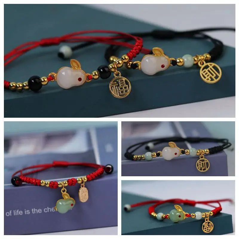

2023 Chinese Imitation Hetian Jade Rabbit Bracelets for Women Lucky Red Black Rope Weave Pendant Bracelets Aesthetics Jewelry