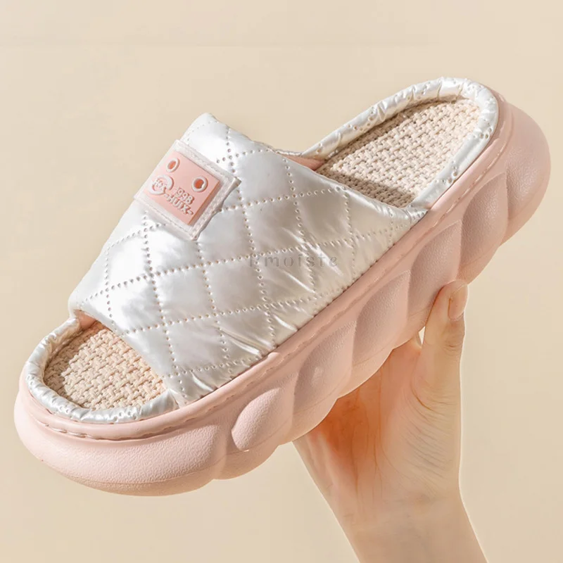 Down Cloth Upper Women's House Slippers Casual Open Toe Indoor Slippers Female EVA Non-Slip Thick Sole Shoes for Woman Slippers