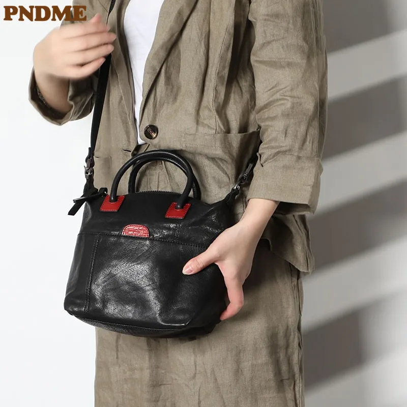 

PNDME Retro Fashion Casual Designer Natural real leather Ladies Black Tote Outdoor work Weekend Girls shoulder diagonal Span bag