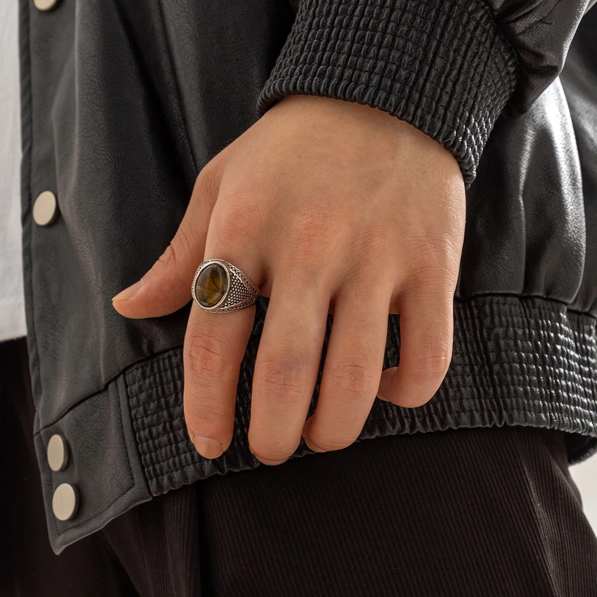 

KunJoe Vintage Material Inlaid Brown Tiger Stone Ring for Men European and American Embossed Fashion Party Finger Ring Jewelry