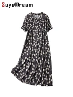 suyadream floral mid dresses 20mm 93silk 7spandex woman round neck short sleeved a line black dress 2022 spring summer clothes