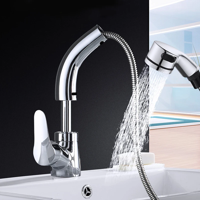 

Single pole pull-out bathroom basin faucet spray rotary nozzle cold and hot sink water mixer crane lifting faucet
