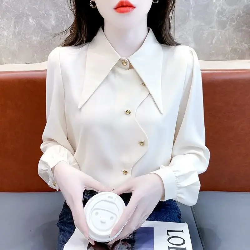 Рубашка-поло женская однотонная с длинным рукавом модная блуза в простом стиле