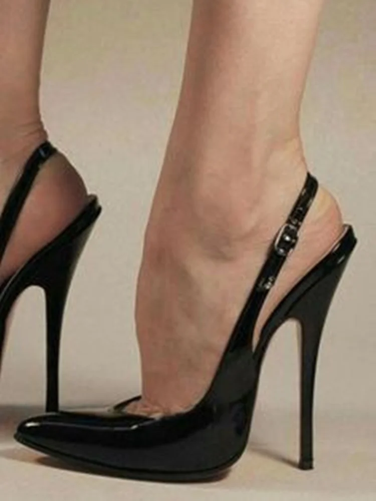 

Black Back Strap Pumps Sexy Pointed Toe Leather Ankle Buckle Slingback Patent Leather Manufacturer Dress Women Shoes