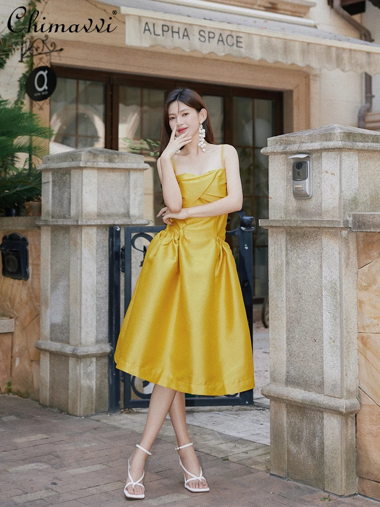 

Retro French Sexy Sling Pleated Tube Top Dress 2022 Summer Fashion Design High Waist A- Line Large Hem Puffy Midi Gown Dress
