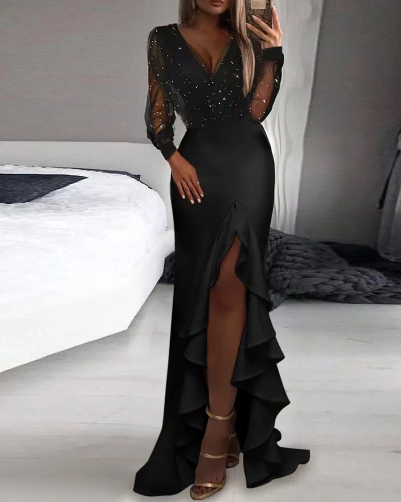 2023 Women Fashion Mermaid Prom Dress Sexy Hollow High Split Deep V-neck Long Sleeves Female Elegant Birthday Dress
