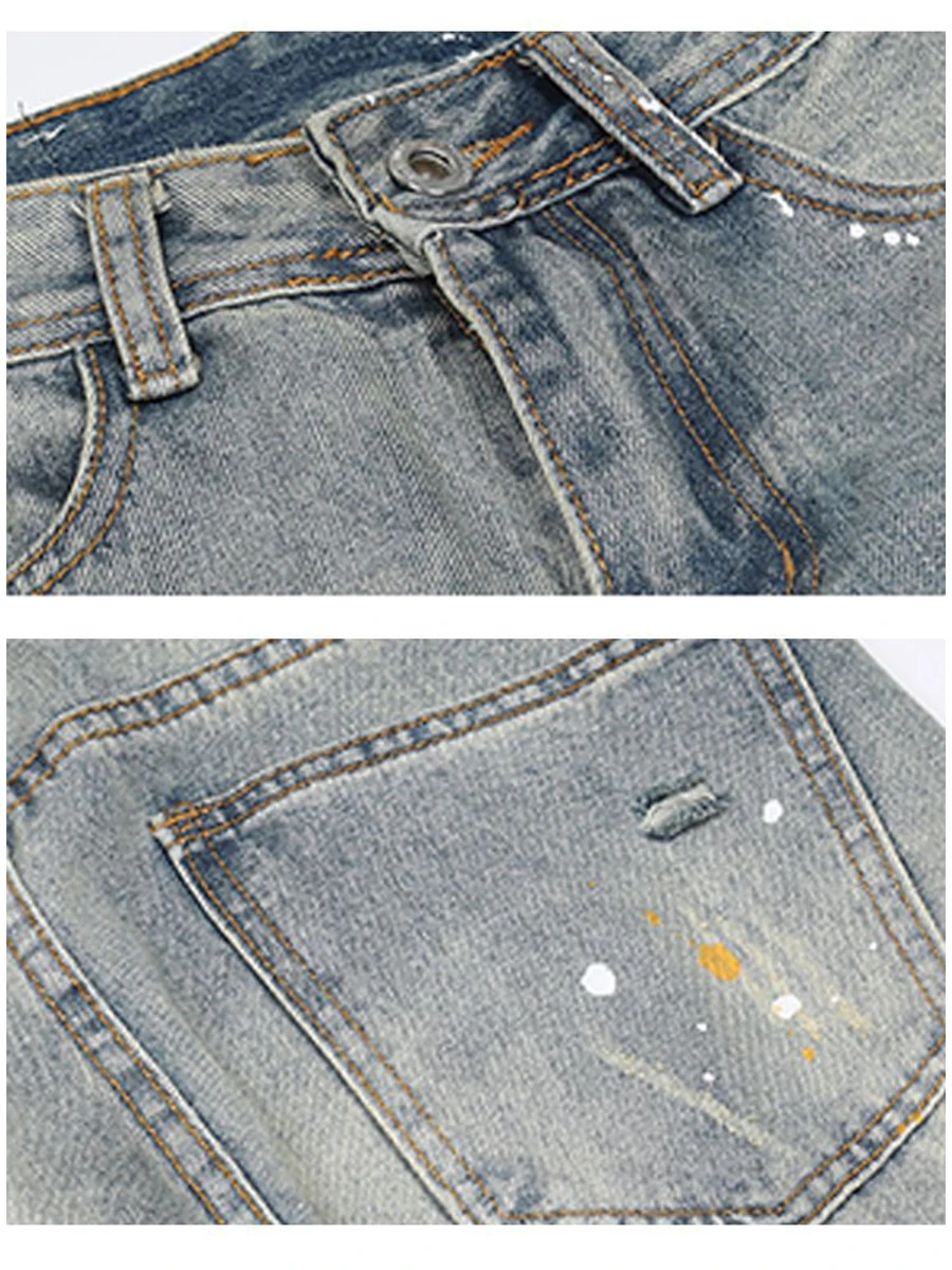 Four Seasons Men Jeans American Ink Splash Wash Men and Women's Same Loose High Street Vibe Style Straight-leg Pendant Trousers