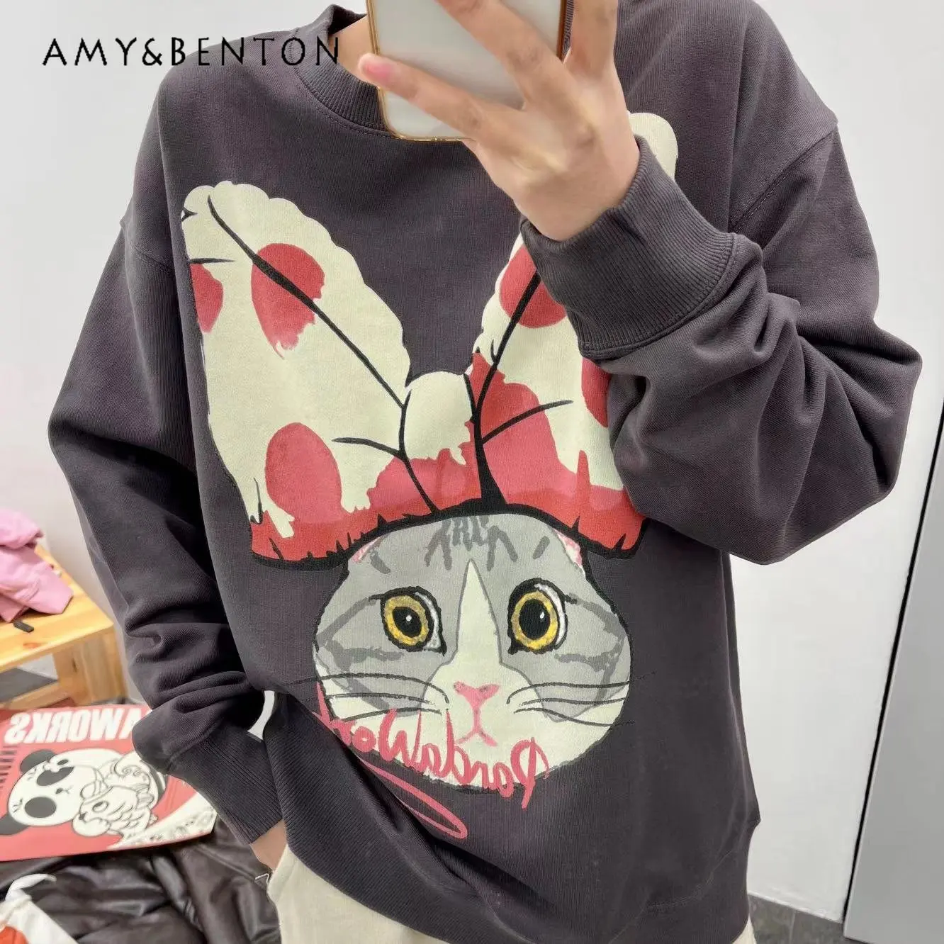 Autumn New Polka Dot Pullover for Women Bow Cute Cat Print Terry Sweatshirt for Ladies Fashion Design Cartoon Sweatshirt Tops