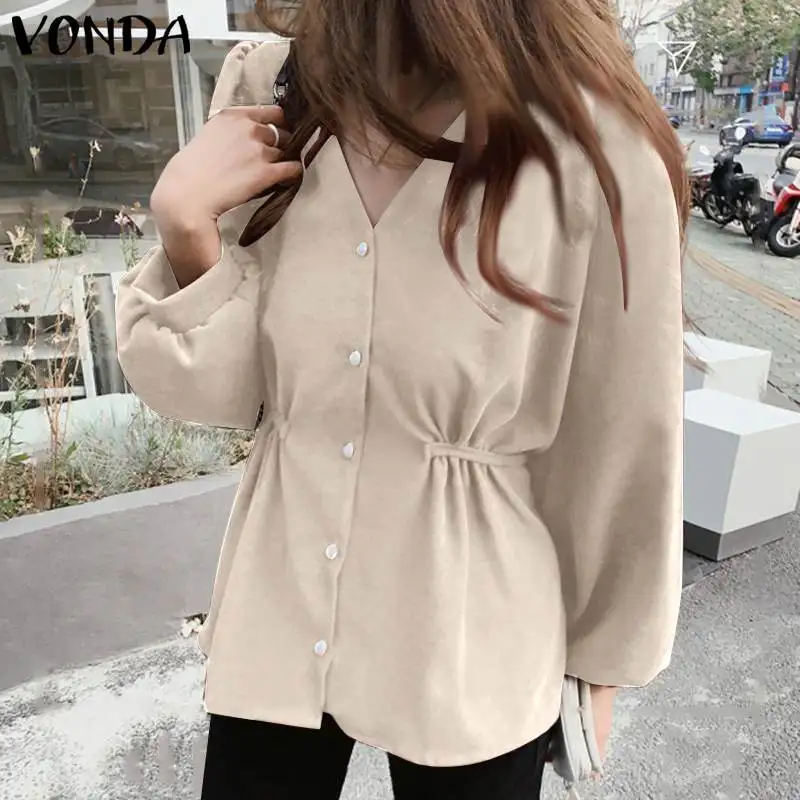 

Women Blouse VONDA Casual Baggy Pleated Blouse Long Sleeved V Neck Button Up Blusas Femininas Loose Korean Tops Oversized