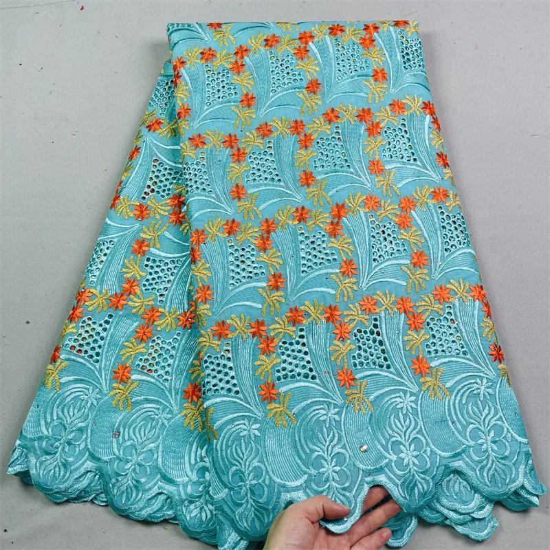 

5 Yard Swiss Fabric 2023 Latest Heavy Beaded Embroidery African 100% Cotton Voile Lace Popular Dubai Style For wedding Party 7L3