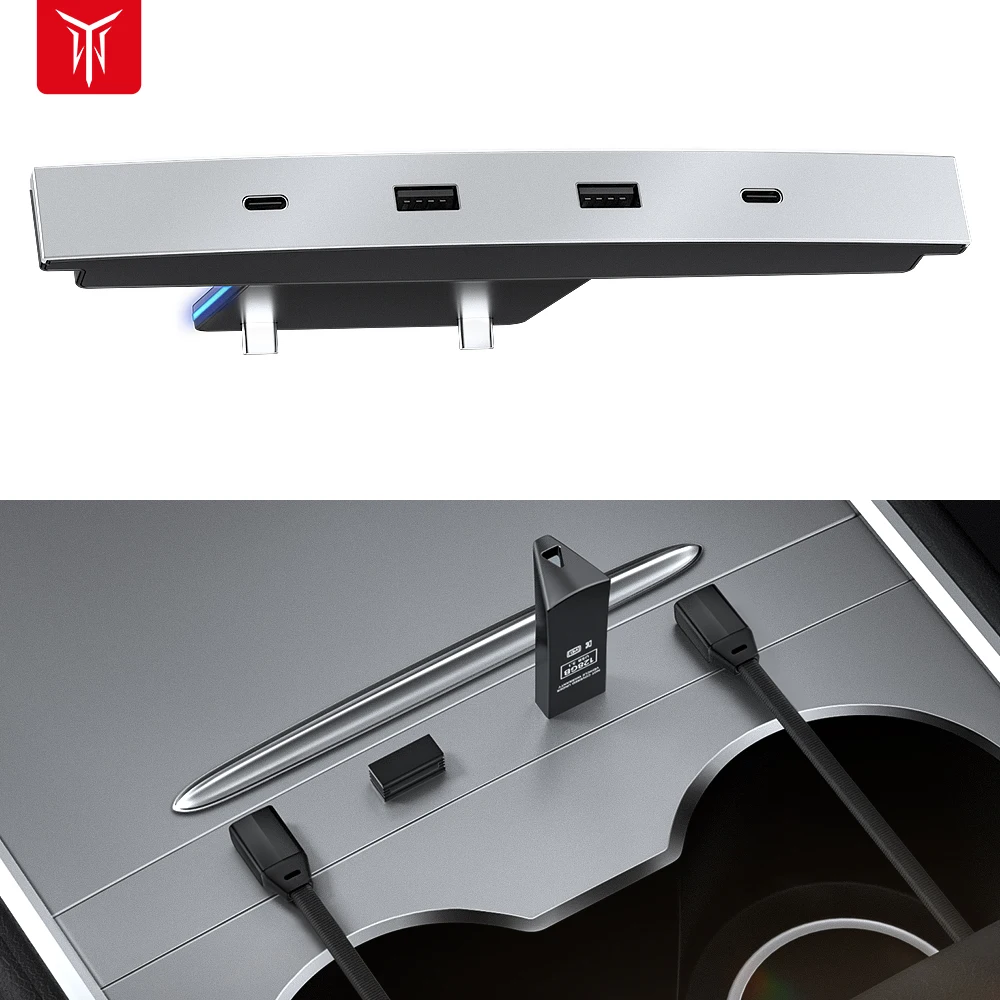 27W Quick Charger USB HUB For Tesla Model 3 Model Y Shunt HUB Intelligent Docking Station Car Adapter Powered Splitter Extension