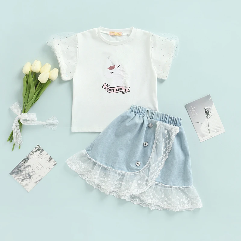 

Girls Summer Clothing Sets Cartoon Print Short Sleeve T-shirt+Denim Skirt 2Pcs for Kids Clothing Sets Baby Clothes Outfits