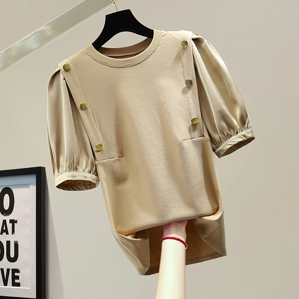 

Summer Thin Elegant Glitter Buttons Elastic Chiffon T-Shirt Women Fashion Straight O-Neck Puff Short Sleeve White Black Tops