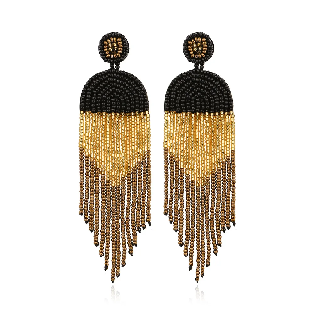 

Boho Jewelry Wholesale Chic Art Deco Long Dainty Ethnic Bohemian Black Fringe Tassel Dangle Rice Seed Beaded Earrings for Women