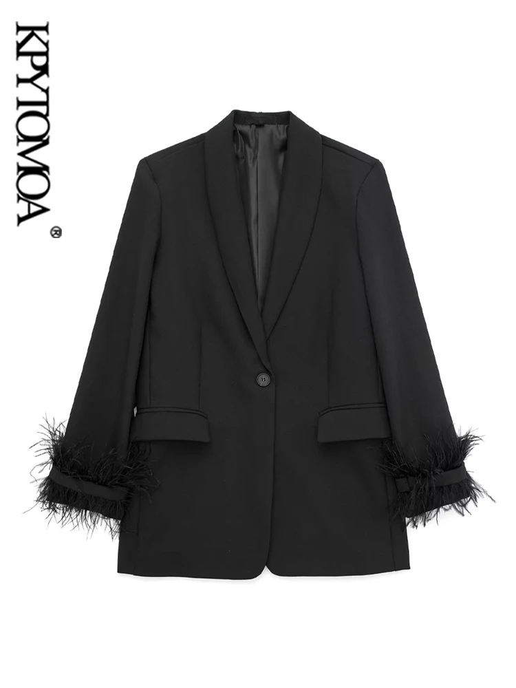 

KPYTOMOA Women Fashion With Feathers Front Button Blazer Coat Vintage Long Sleeve Flap Pockets Female Outerwear Chic Vestes
