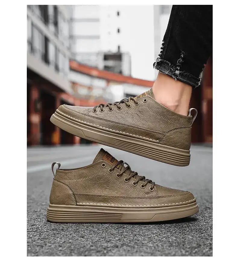 

Men's Spring Autumn Leather High Top Casual Shoes Thick Bottom Non Slip Breathable Were Resistant Fashionable Casual Board Shoes