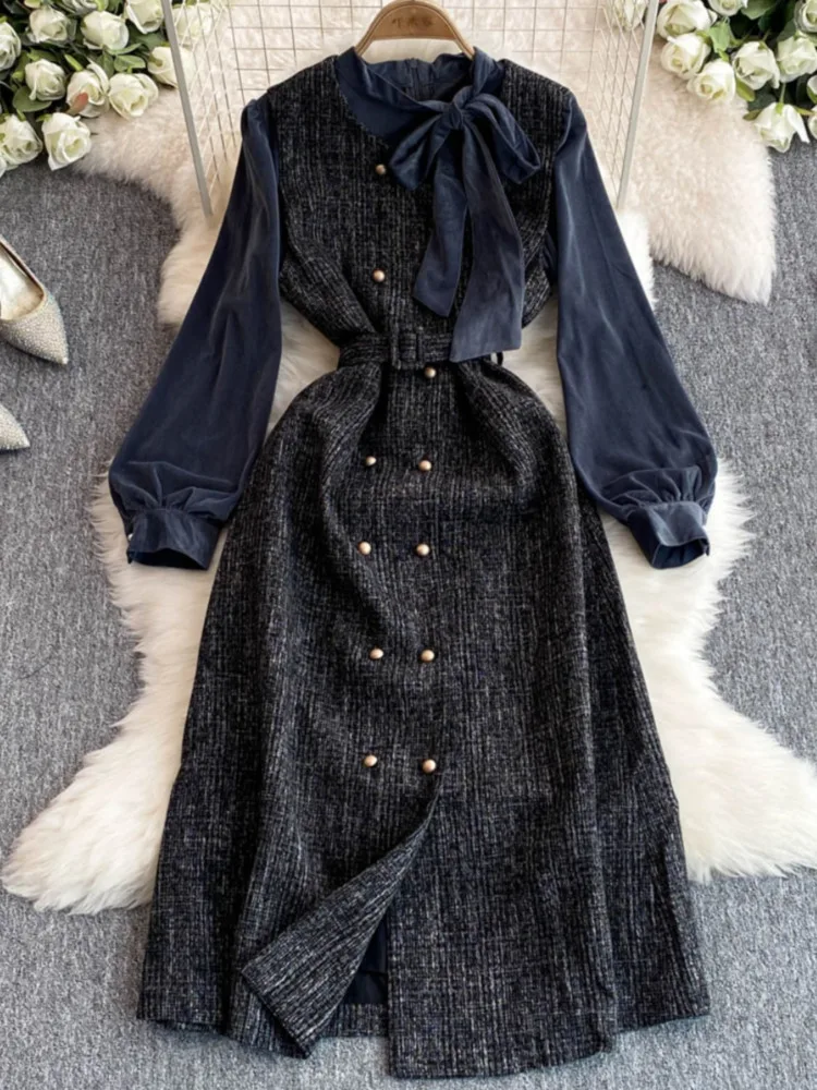 EWQ Рубашка с длинными рукавами во французском стиле и толстые клетчатые платья на