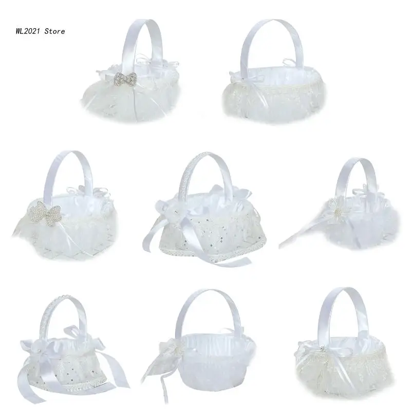 

Цветочная корзина для свадьбы, маленькие белые атласные корзины с кружевными цветами, Декор