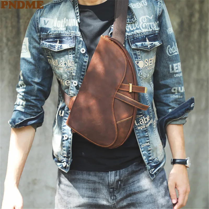 Vintage fashion designer organizer crazy horse cowhide men's chest bag multifunctional genuine leather shoulder bag satchel