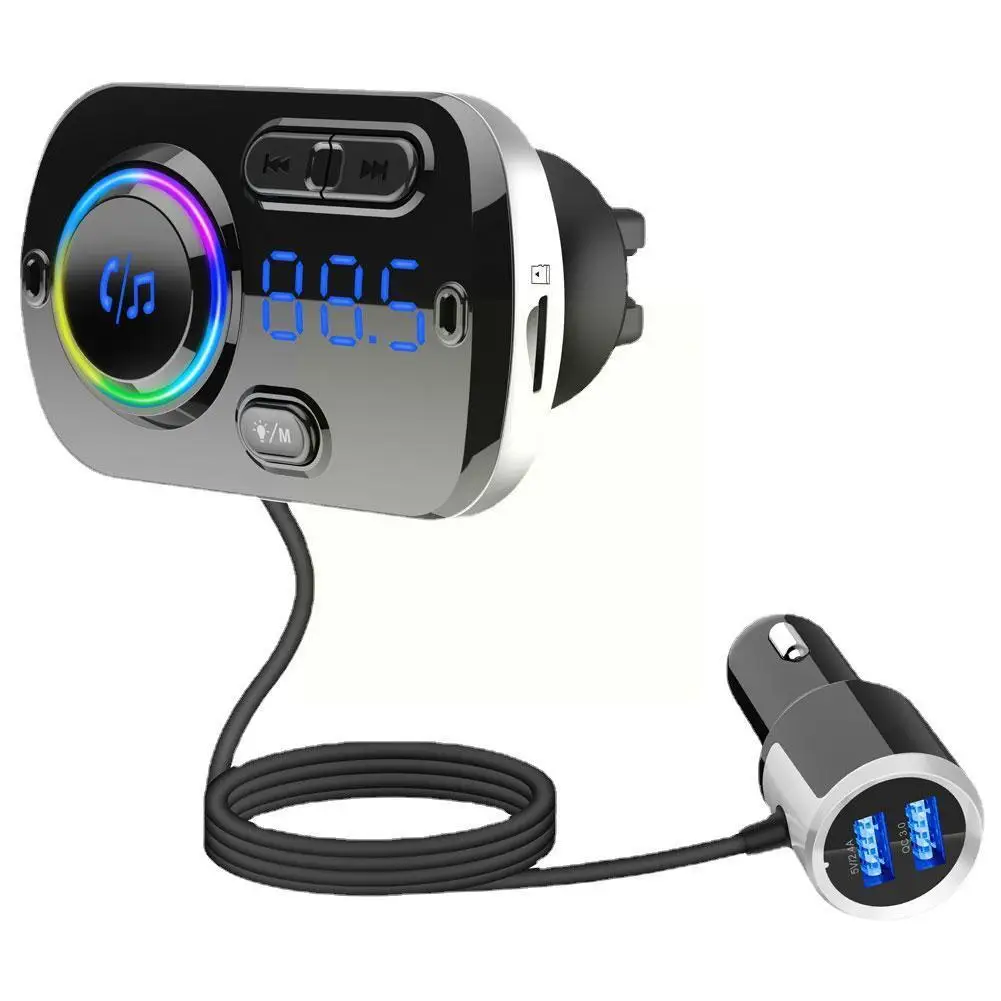 

Car Fm Transmitter Kit Lcd Display Bluetooth 5.0 Dual Handsfree With Usb Aux Light Player Charger Mp3 Led Y3h5