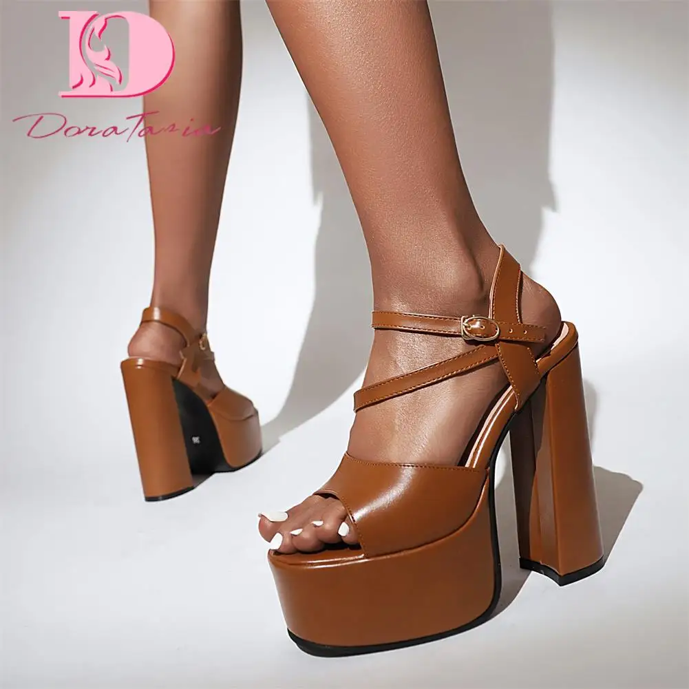 

DoraTasia Fashion New Ladies Platform Sandals Solid peep-toe Buckle Shoes Women Microfiber Square High Heels Summer Sandals