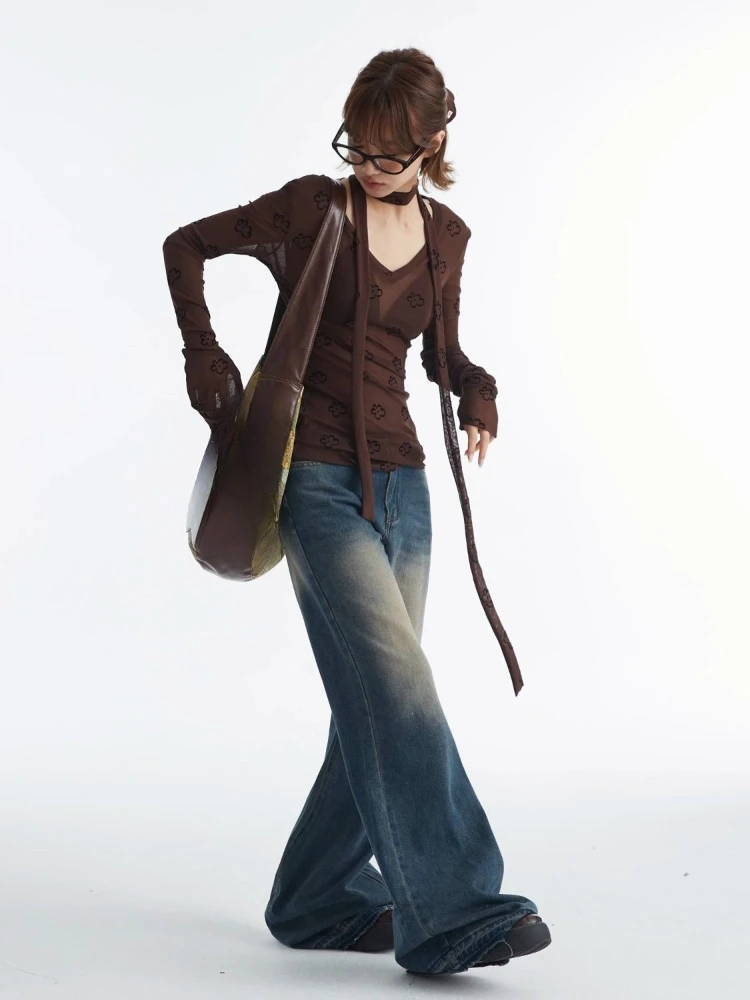 Harajuku See Through Mesn Шарф Топы Женская Цветочный Принт Y2k Эстетическая Футболка Винтаж