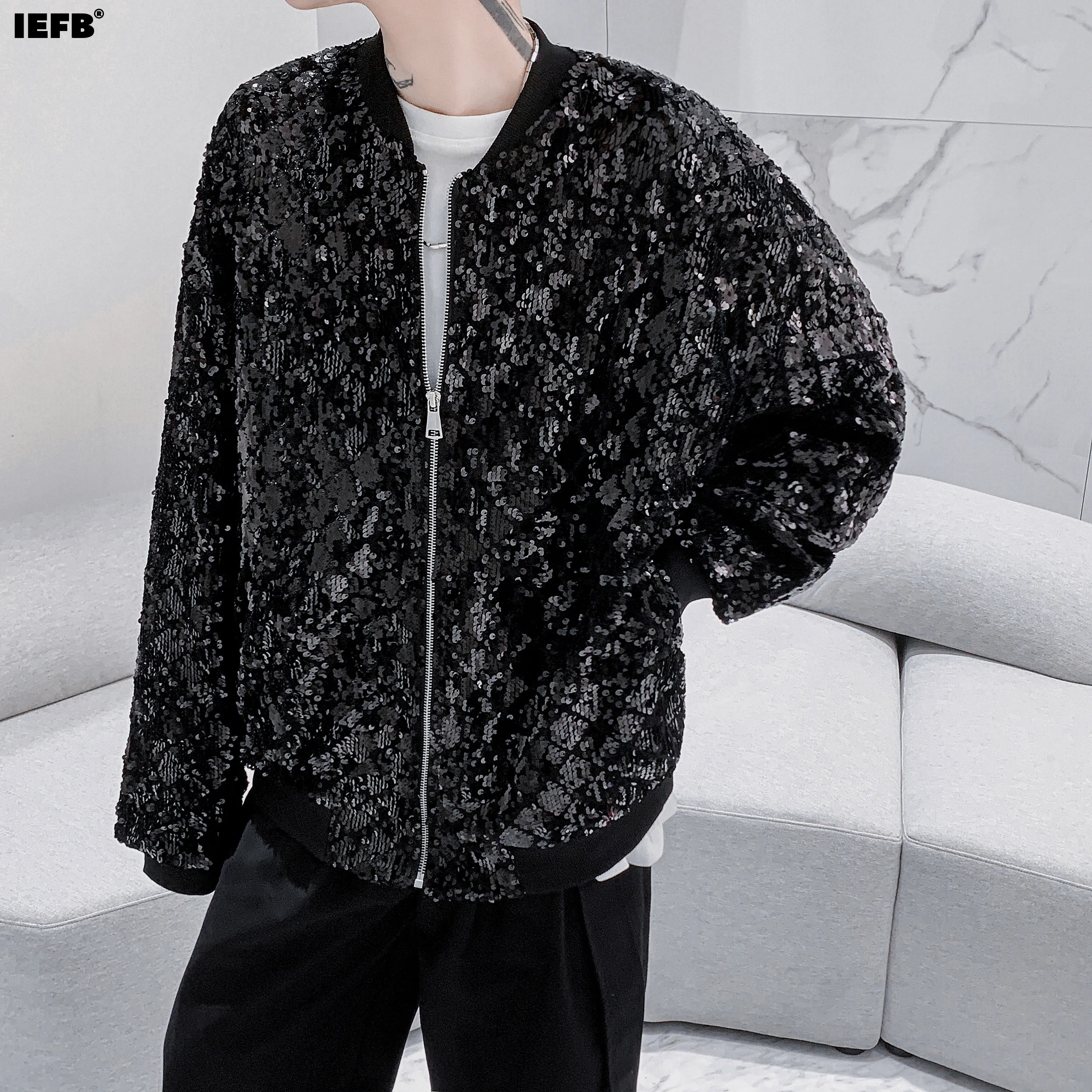 

IEFB Spring Sequin Baseball Men Jacket 2023 Zipper Casual Korean Fashion Male Tops Long Sleeve Male Coat Plaid 9A7013