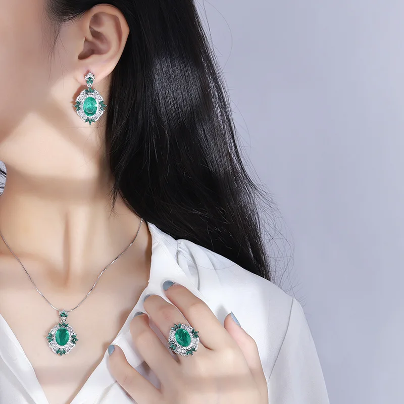 

Emerald Retro Oval Gemstone Necklace Ring Earrings Women Unique Advanced Design Grace Cocktail Party Accessories Gift