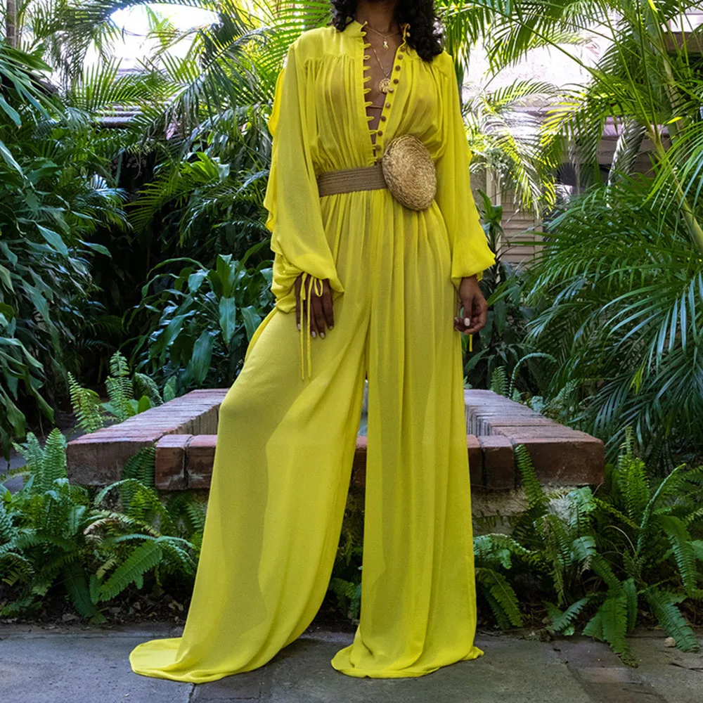 

Full Length Plain Patchwork High Waist Women's Jumpsuit Chiffon Bohemia Style Loose Fashion Casual Wide Leg Pants Sexy Jumpsuit