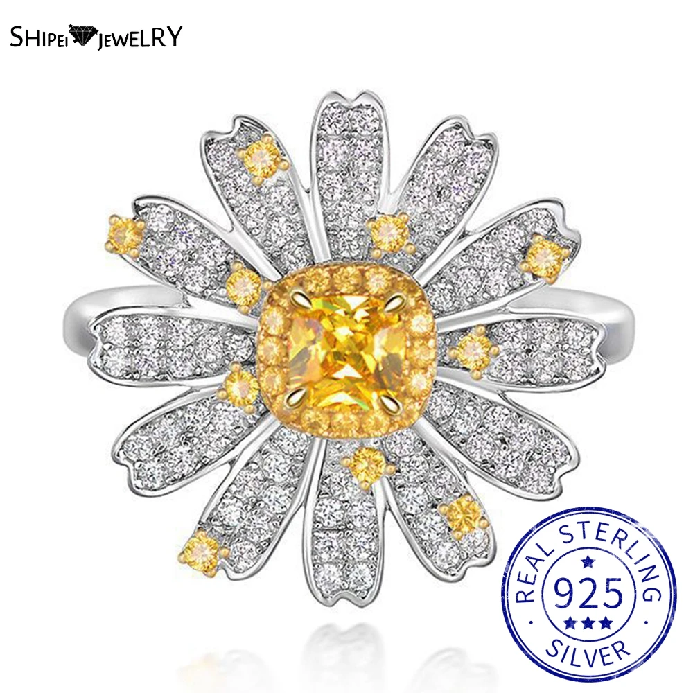 

Shipei Romantic 925 Sterling Silver Daisy Flower Created Moissanite Citrine Gemstone Wedding Party Ring For Women Fine Jewelry