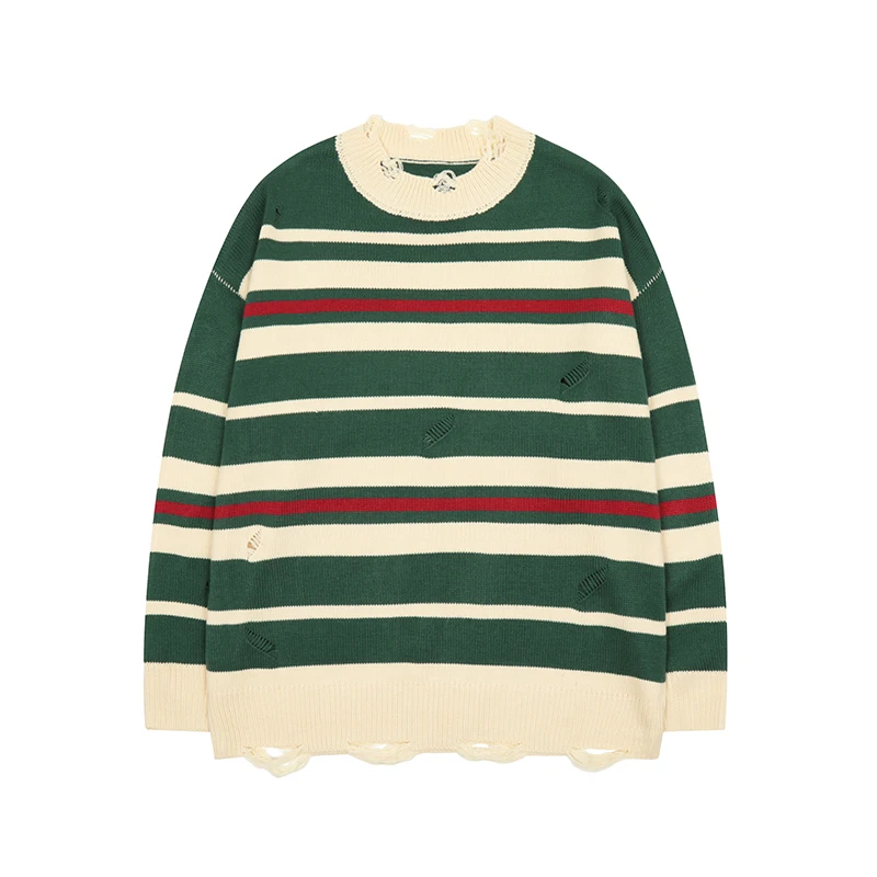 

Ripped Bottom Color Match Striped Pullover Men's Sweaters Harajuku Retro Streetwear Oversized Couple Knitted Winter Clothes