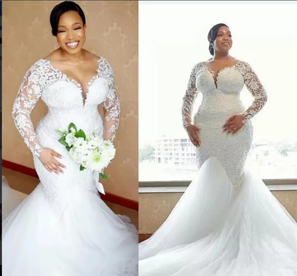 

Plus Size Lace Wedding Dresses Arabic Aso Ebi Long Sleeves Bridal Gowns Sheer Neck Zip Back Sweep Train Plus Size Marriage Dress