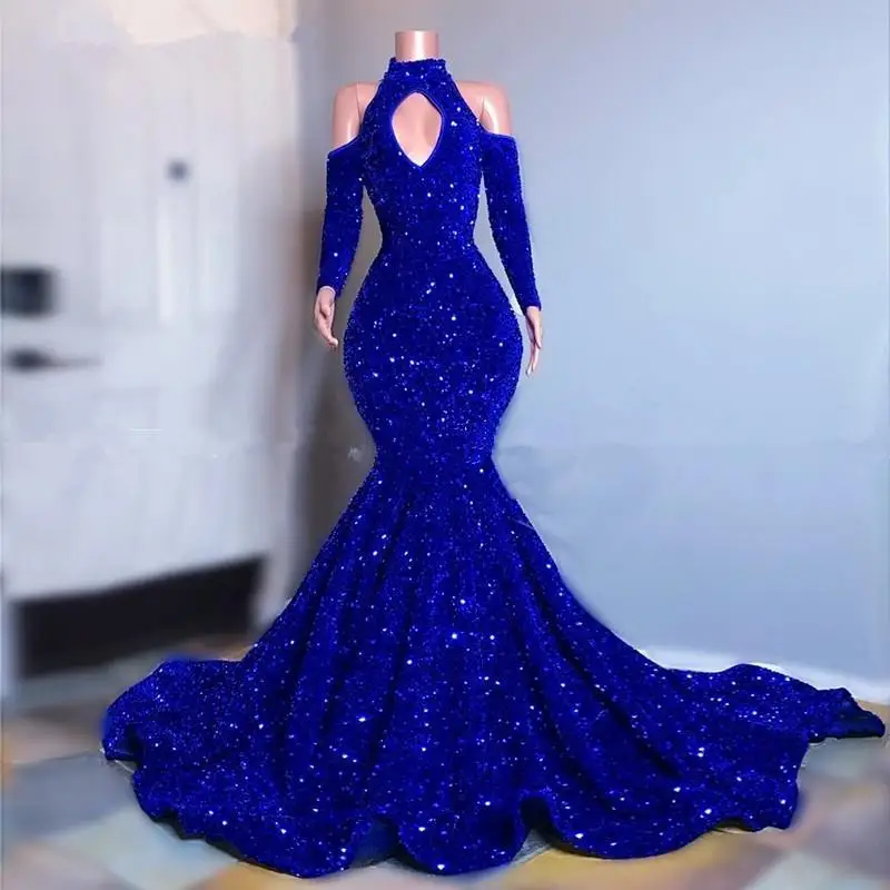 

Royal Blue Prom Dresses Mermaid Halter Long Sleeves Sequins Sparkle Long Prom Gown Evening Dresses Robe De Soiree