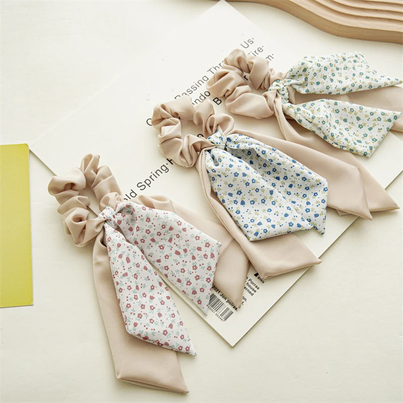 

Korean Bow Long Ribbon Hair Scrunchie Cloth Floral Print Sweet Elastic Hair Band Ponytail Hair Scarf Hair Tie Hair Accessories