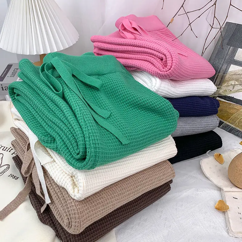 

2023 Autumn Knitted Pants Women New Fashion Korean Solid Lace Up Stretch Waist Trousers Casual Loose Wide Leg Pants Femme V13