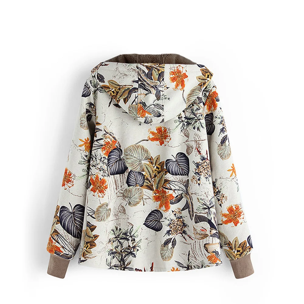 New cotton and linen printed fleece hooded single-breasted women's coat