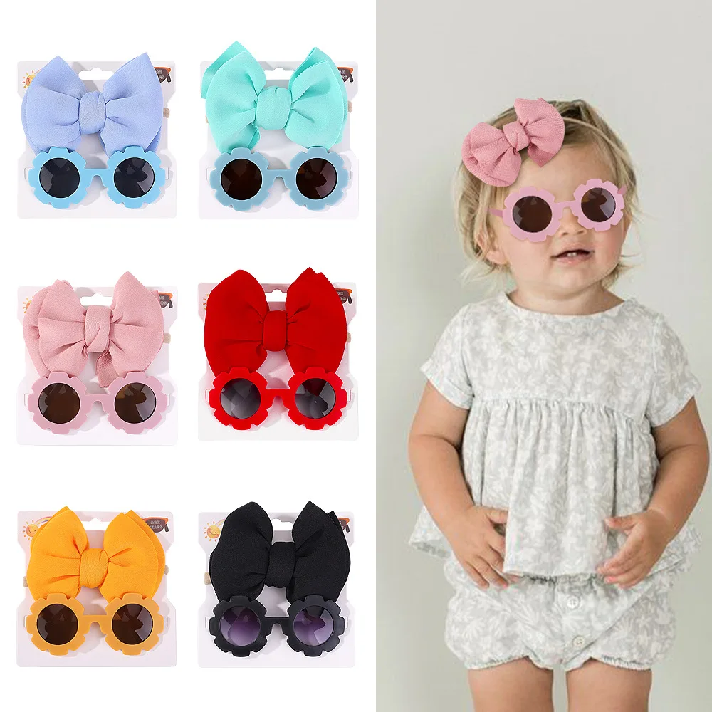 

2Pcs/Set Puff Bow Baby Headband Sunglasses Matte Flower Sun Glasses Eye Wear Elastic Nylon Hair Bands Seaside Headdress