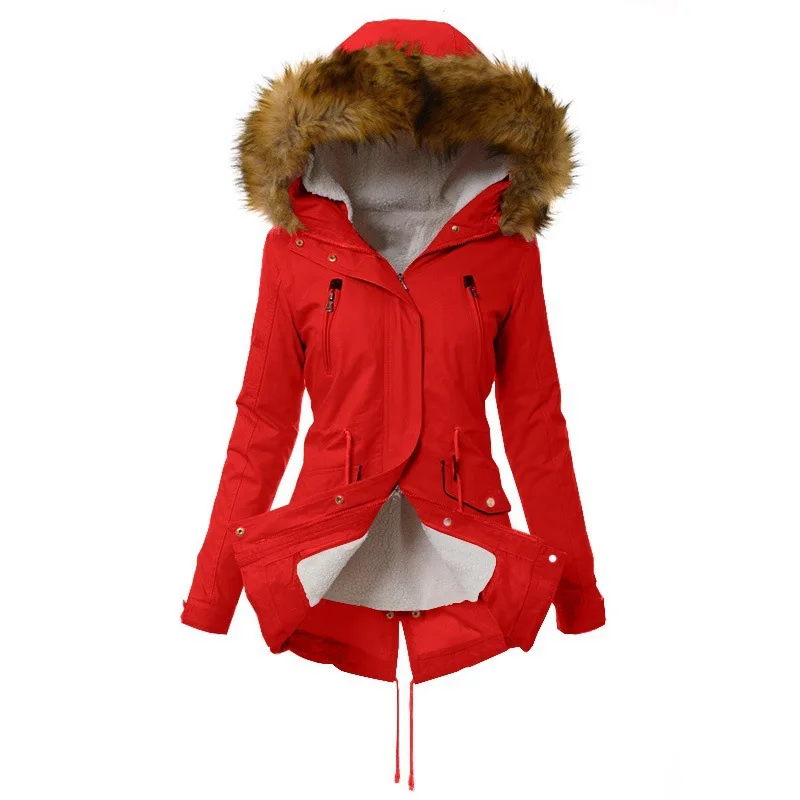 Women's cotton jacket with plush and thick insulation, wool collar hooded, autumn and winter coat, cotton jacket for women