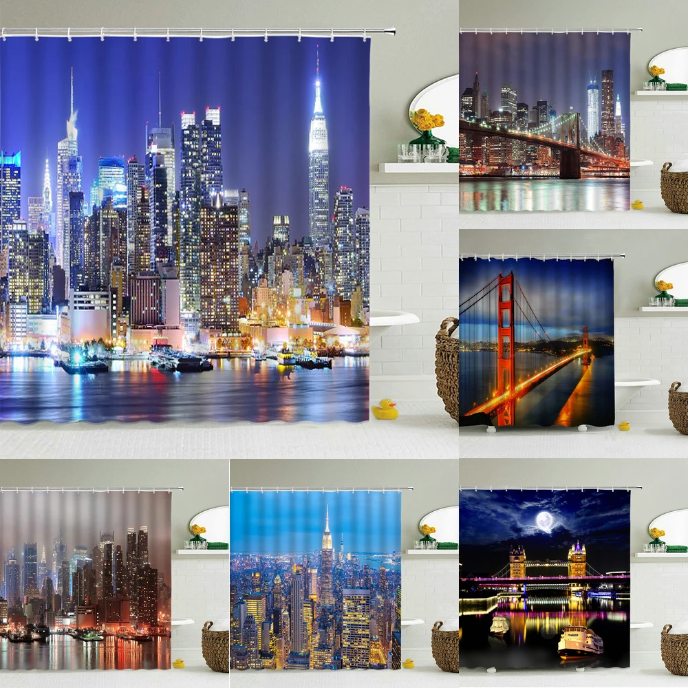 

City Night View 3d Bathroom Curtain landscape Shower Curtains Waterproof With Hooks Decoration Washable Fabric Bath Screen