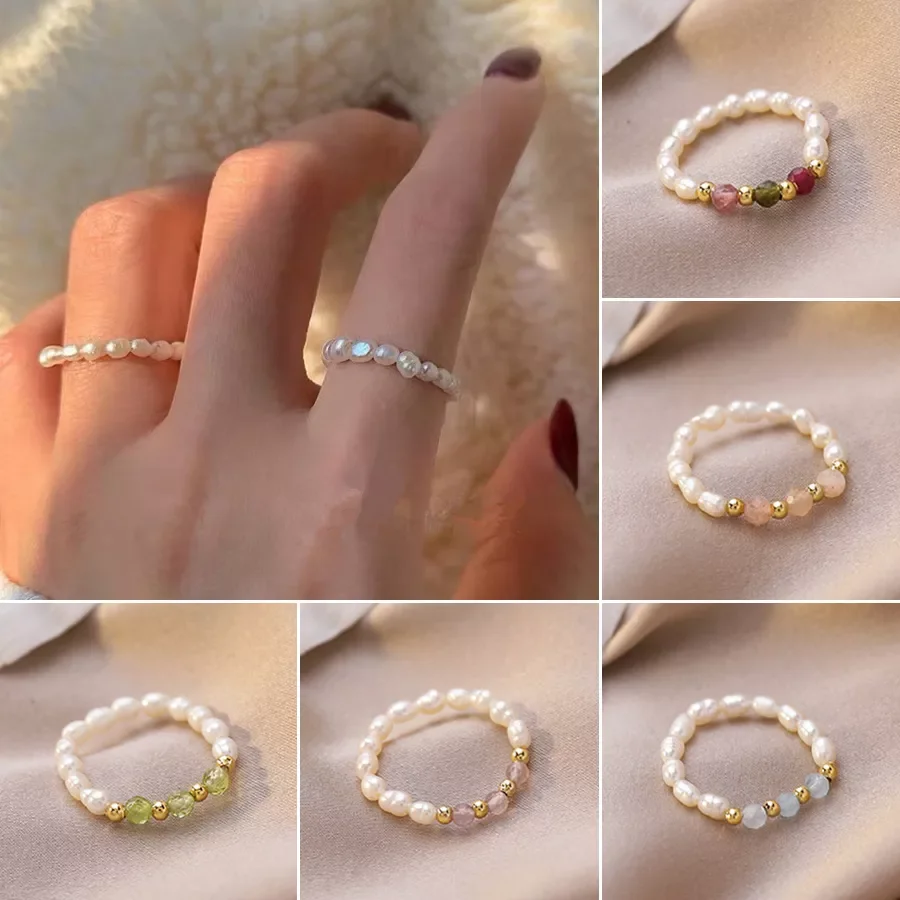 

Cute Multi Beaded Imitation Pearl Colorful Crystal Adjustable Rope Chain Rings For Women Continuous Circle Minimalist Ring