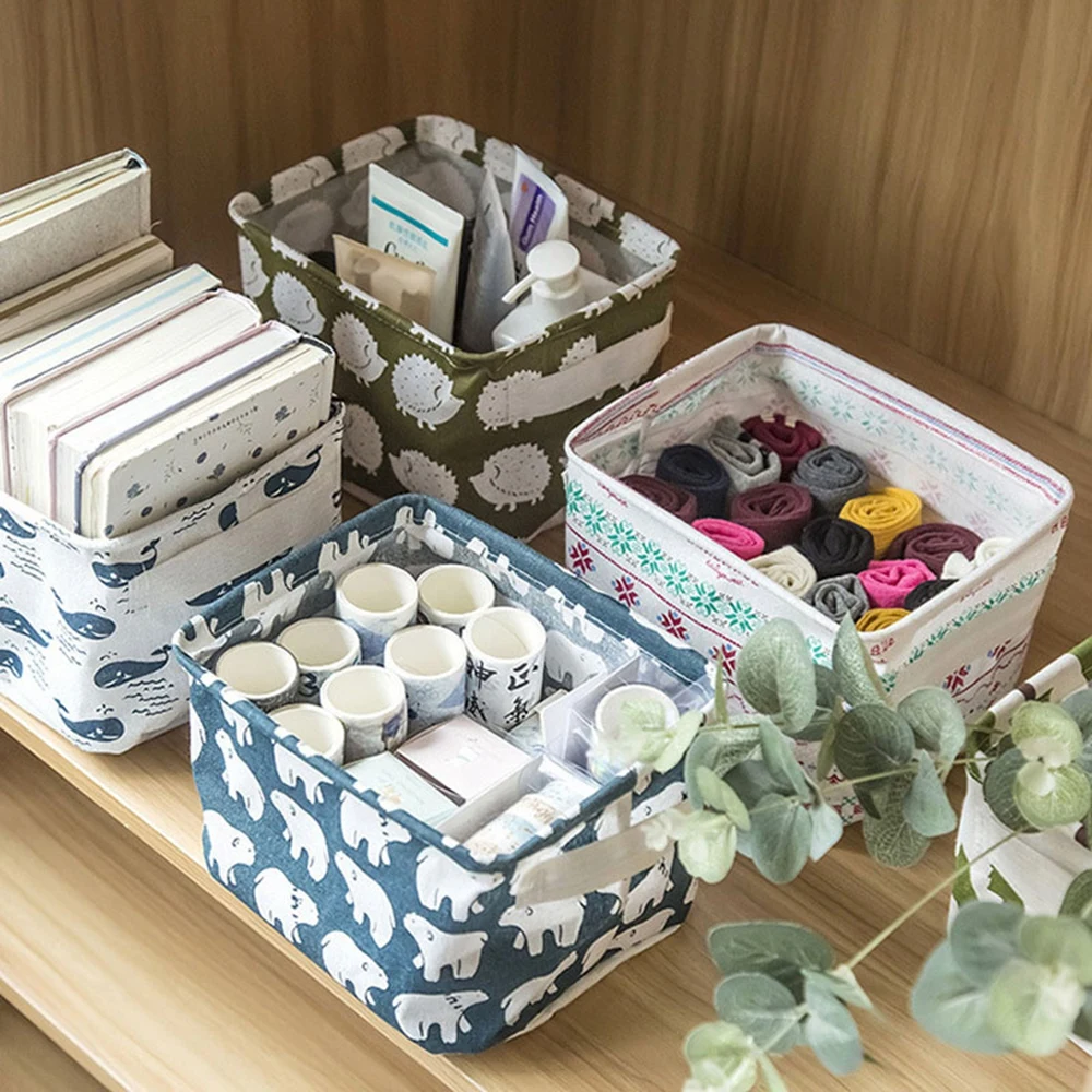 

Linen Desktop Storage Basket Sundries Toy Box Underwear Cosmetic Organizer Office Stationery Jewelry Organiseurs De Rangement