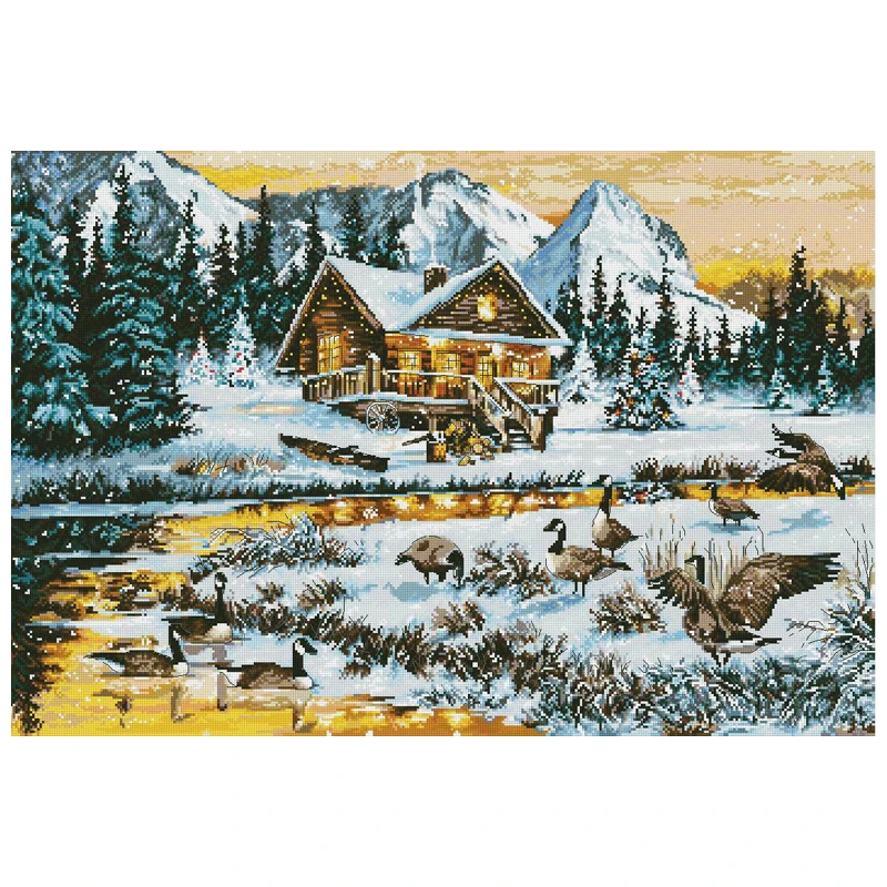 

Amishop Top Quality Lovely Counted Cross Stitch Kit Hut Under Snow Mountain Winter Chalet Villa Wild Duck Forest Luca-S B590