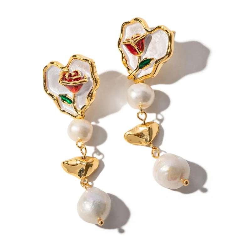 

ALLNEWME Unusual Freshwater Pearl White Enamel Rose Heart Drop Earrings for Women 18K Real Gold Plated Brass Long Tassel Earring