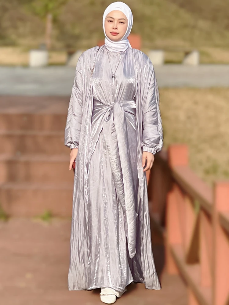 Комплект блестящей Абайи из 3 предметов, мусульманский комплект из искусственного шелка, кимоно, длинное платье, юбка с запахом и галстуком, ...