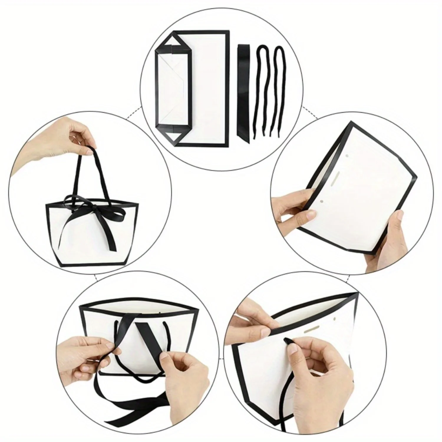 10 Pcs Elegant White Paper Gift Bags with Black Border and Bow Ribbon - Perfect for Shopping Parties Special Occasions