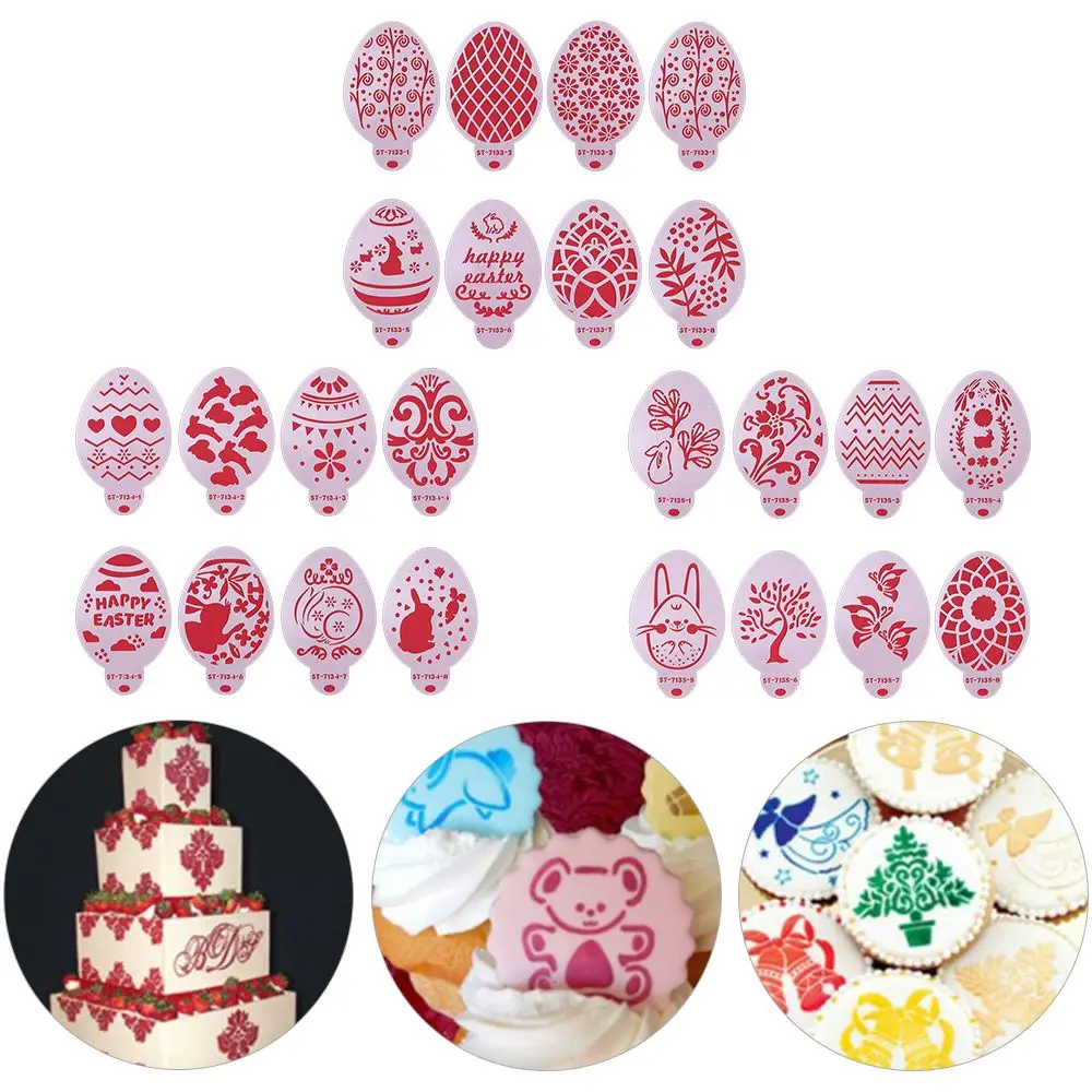 

8pcs Bakeware DIY Plastic Cake Boder Stencils Easter Eggs Pattern Coffee Stencil Cake Template Cake Decorating Tool