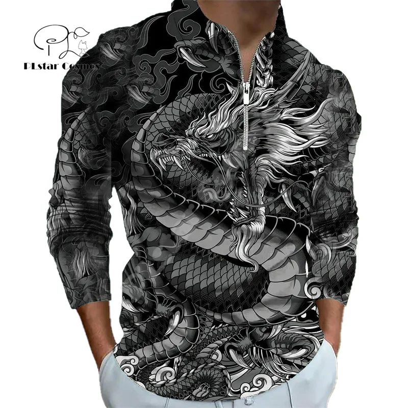 

Halloween Dragon Skull Wolf Tiger Tattoo Colorful Retro 3DPrint Winter Autumn Harajuku Casual Zipper Polo Shirts Long Sleeves 15