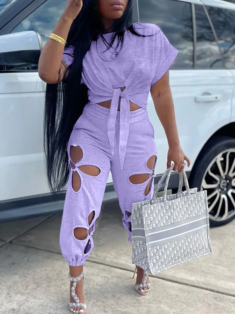 

LW Two Piece Set Women Crop tops and Pants Cut Out Lace-up Solid Round Neck Short Sleeve Fashion Loose Stretchy Female Outfits