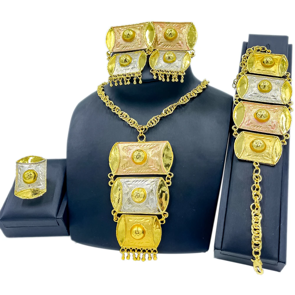 

Dubai Exaggerated Long Necklace Colorful Bracelet Square Shape Earrings Ring for Women Romantic Wedding Fashion Jewelry Sets